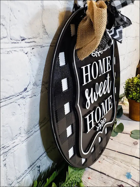 Black and white Home Sweet Home door hanger sign with burlap bow, rustic hand-painted home decor