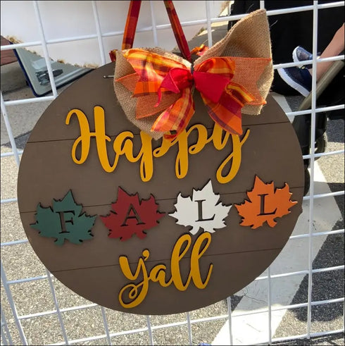 Rustic Happy Fall Wood Door Hanger featuring a vibrant fall leaf design for autumn decor