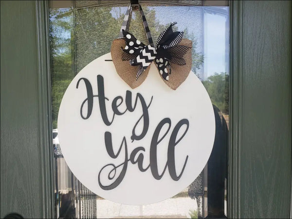 Round Yall Door Hanger with Bow, Rustic Hey Yall Handpainted Wood Sign for Home Decor