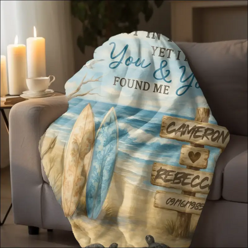 Personalized beach-themed Sherpa fleece blanket featuring ocean design and heartfelt message