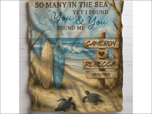 Beach-themed personalized So Many In The Sea blanket in soft Sherpa fleece