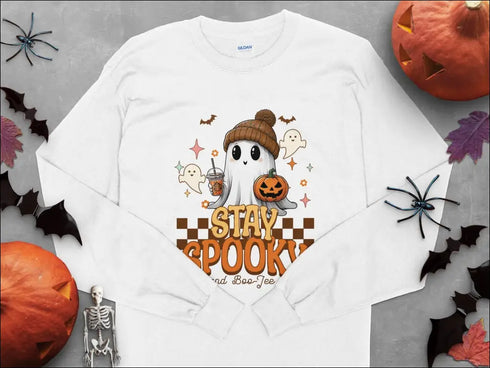 White long-sleeved Halloween ghost t-shirt for coffee lovers featuring boo-jee design