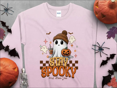 Pink Halloween sweatshirt featuring Boo-Jee Halloween Ghost design for coffee lovers