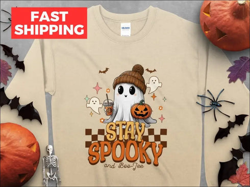 Beige Stay Spooky Boo-Jee Halloween Ghost T-Shirt for Coffee Lovers with Pumpkin Design
