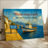 Personalized canvas print of white blue fishing boat at pier with love quote