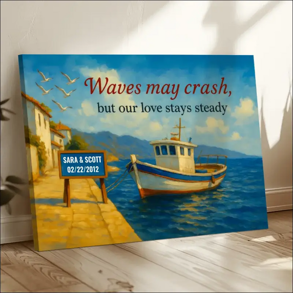 Personalized canvas print of white blue fishing boat at sunny pier with love quote