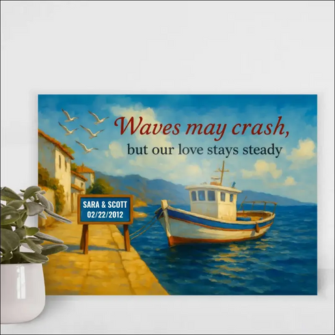 Personalized canvas print of white blue fishing boat at pier with Sara & Scott love quote