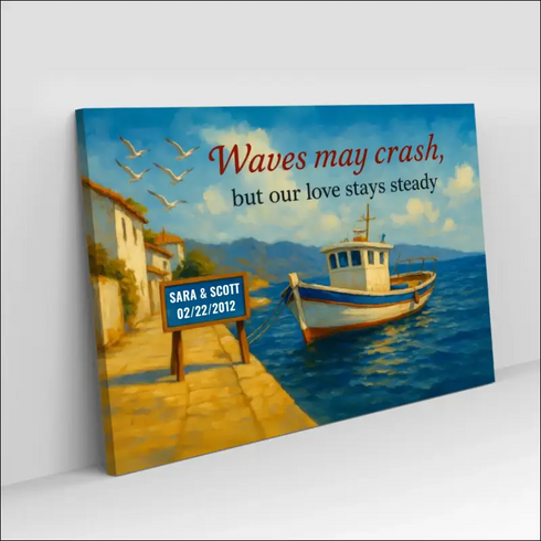 Custom canvas print of white blue fishing boat at pier with love quote
