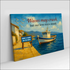 Custom canvas print of white blue fishing boat at pier with love quote
