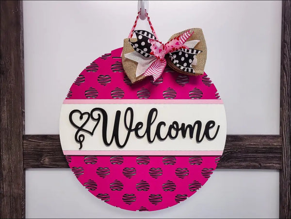Pink heart-patterned door hanger sign with bow for rustic farmhouse entryway decor