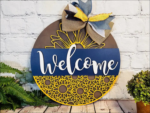 Sunflower Welcome Door Hanger in Hand Painted Wooden Sign for Rustic Home Decor