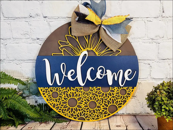 Sunflower Welcome Door Hanger in Hand Painted Wooden Sign for Rustic Home Decor