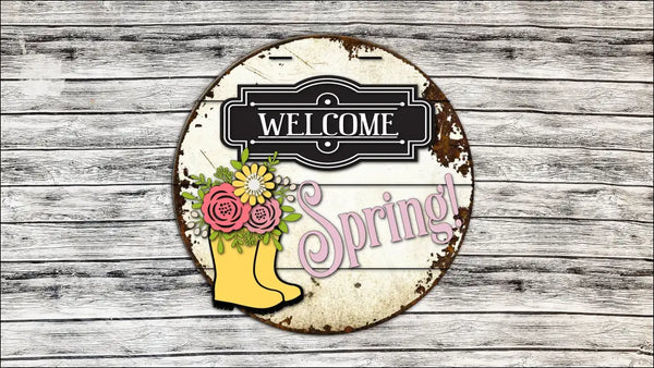 Spring Welcome Sign on Handpainted Wood Door, Floral Rustic Door Decor for Farmhouse