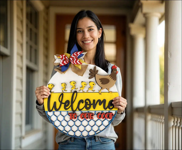 Chicken-themed welcome sign for farmhouse chicken decor and handpainted wood door