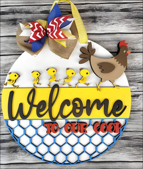 Handpainted wood door sign featuring a chicken for farmhouse chicken decor