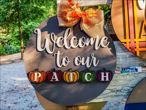 Fall-themed Welcome to Our Patch Wood Door Hanger for rustic autumn home decor