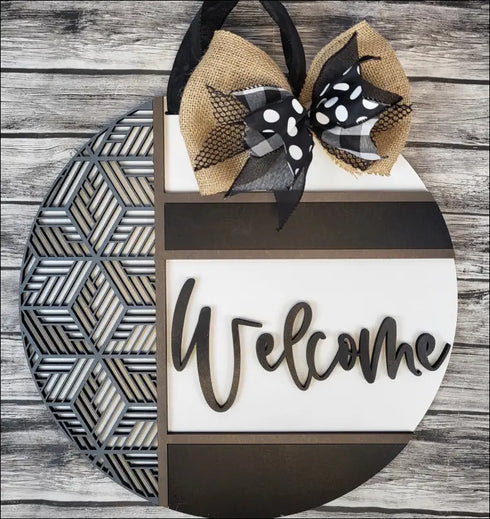 Decorative welcome sign wood door hanger with geometric pattern for modern farmhouse decor