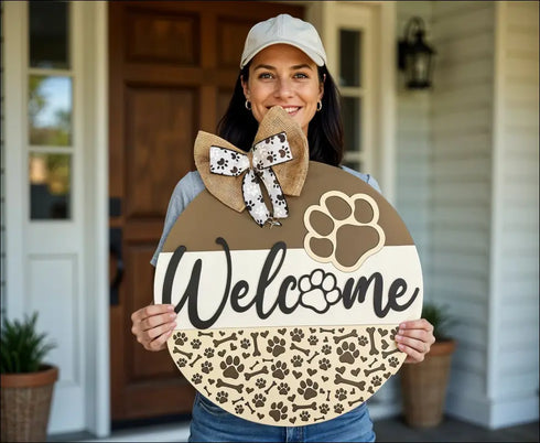 Round wood door hanger with paw print design for pet lovers and dog owners