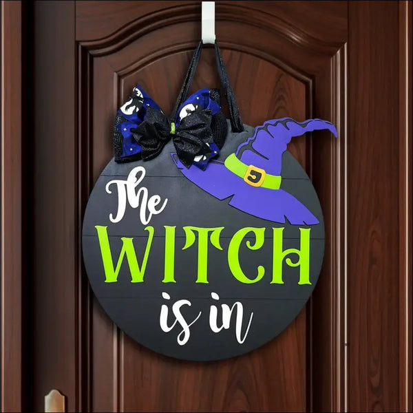 Halloween Porch Decor featuring a Witchy Wood Door Sign with a 3D Witch Hat design