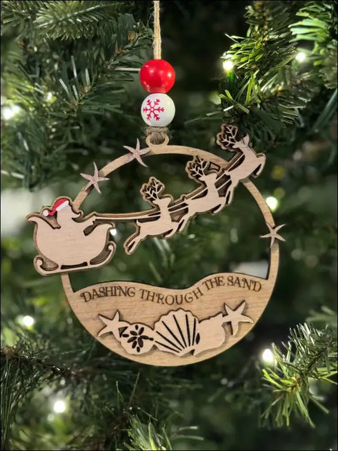 Wooden Santa sleigh ornament for wooden beach Christmas and coastal holiday keepsake