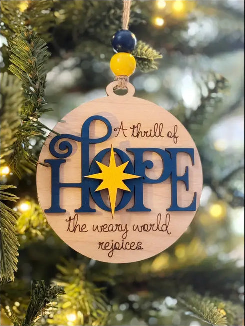 Wooden Christmas ornament with Hope text, a handmade tree decoration for the holidays