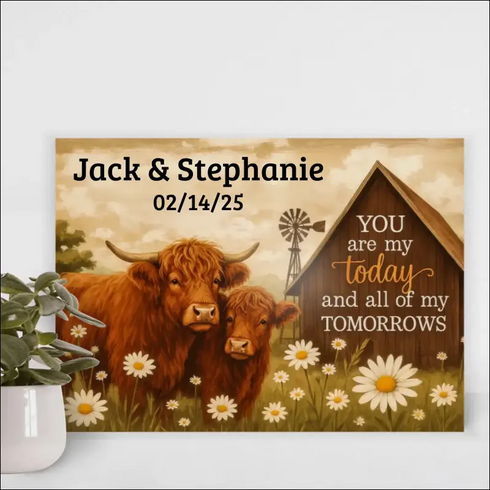 Rustic highland cow and calf canvas print with timeless beauty