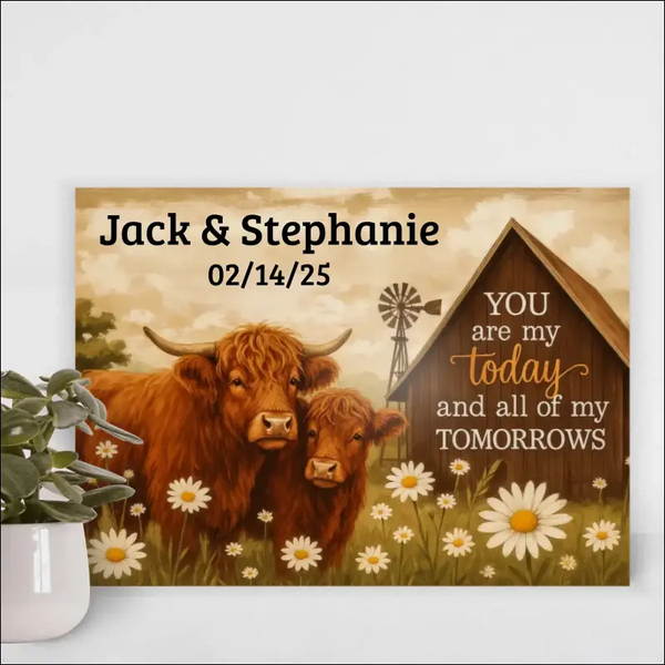 Rustic highland cow and calf canvas print with timeless beauty