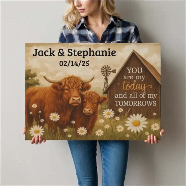 Personalized canvas print of two brown highland cows in daisies with barn and windmill, enhanced texture, timeless beauty