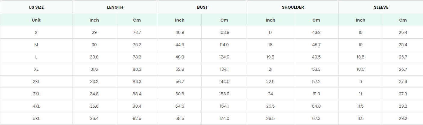 Clothing size chart for All-over Print Comfort Short-sleeve Hawaiian Shirt with measurements